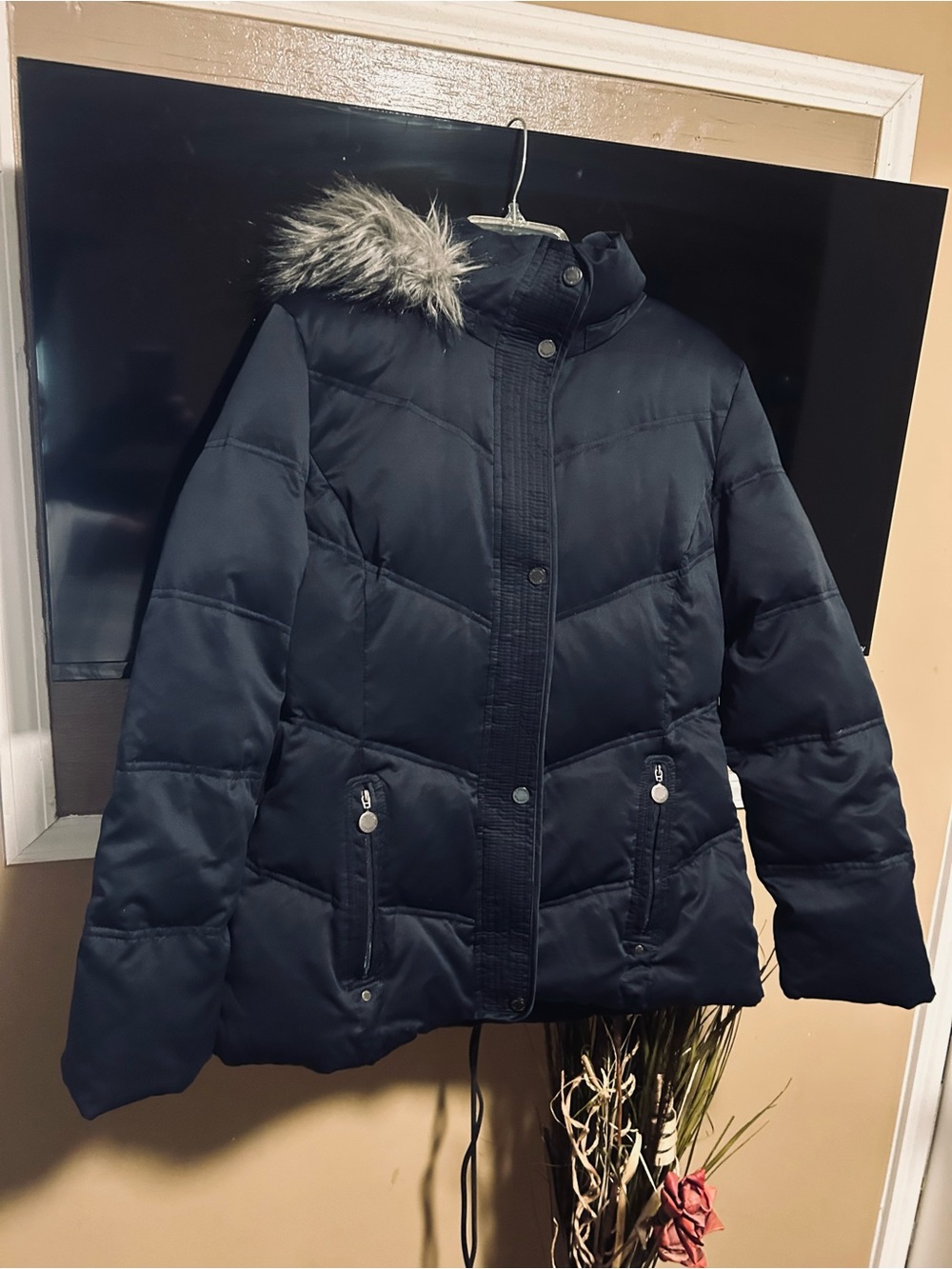 Calvin Klein Dark Navy Hooded Puffer with Faux Fur Trim